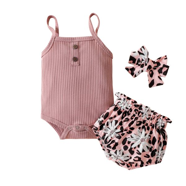 

clothing sets 3-piece baby girls outfit ribbed spaghetti strap snaps romper + floral print pantie + headband for toddler 0-18 months w0424, White