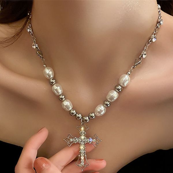 

strands strings fashion ins wind hip hop retro pearl necklace christian cross clavicle chain ladies sweet punk pendant men and women gifts 2, Black