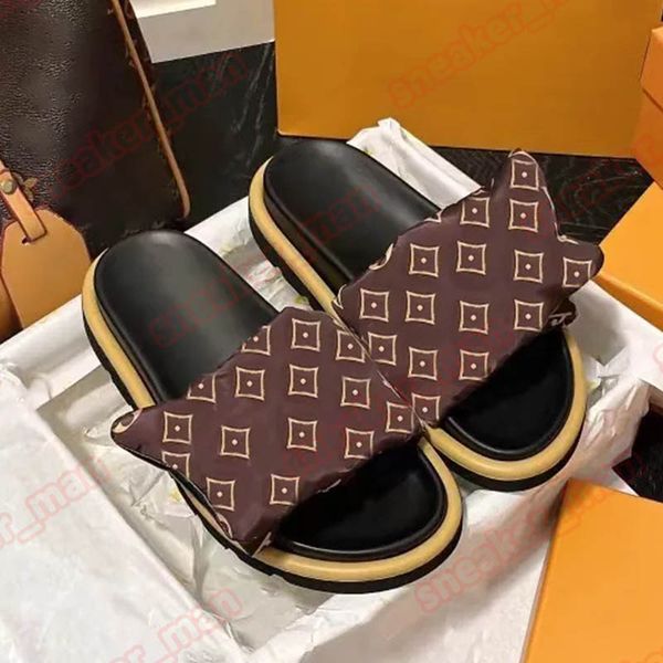 

platform designer pool pillow slides slipper for mens women comfort sunset flat mules easy-to-wear style scuff front strap luxury casual loa, Black