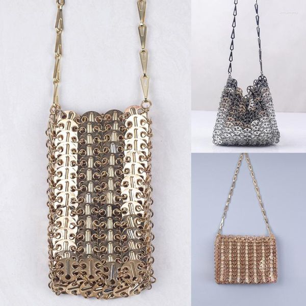 

evening bags women designer silver metal sequins chain woven bag hollow clutch female travel holiday shoulder handbag