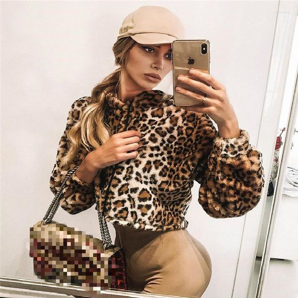 

Women' Hoodies Leopard Printed Plush Fleece Casual Loose Crop Tops Female Women Fall Winter Long Sleeve Pullover Hooded Sweatshirt, Chocolate