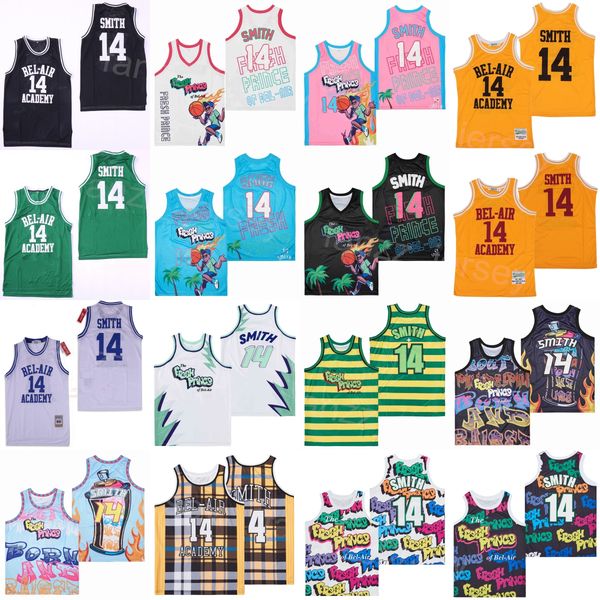 

basketball 14 will smith movie jersey film the fresh prince jazzy jeff of bel-air graffiti anniversary belair all stitched uniform pullover, Black