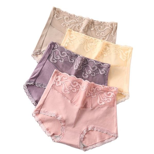 

women's panties 4pcs high waist lace women panties cotton body slimming ladies underwear seamless girls briefs breathable female linger, Black;pink