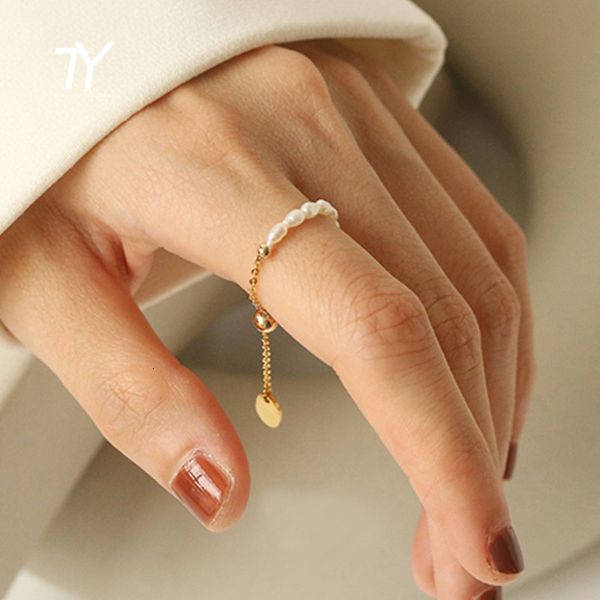 

cluster rings french simple retro pearl chain pull adjustment gold color girl s elegant accessories fashion finger jewelry for woman 230424, Golden;silver