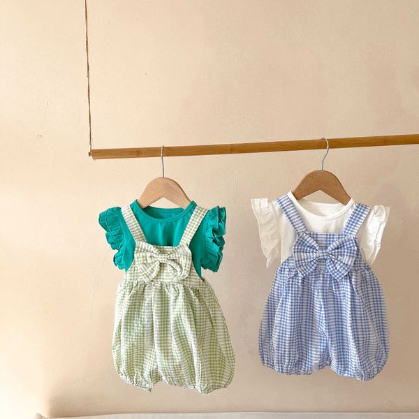 

clothing sets fashion summer baby girl 2pc clothes set solid cotton t-shirt plaid suspender solid bow pants suit infants outfits clothing w0, White
