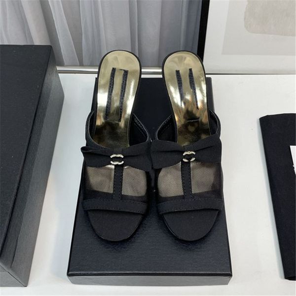 

summer popular 2023 women sandals channel luxury brand business dress wedding party leather high heels casual flat slippers 011-015, Black