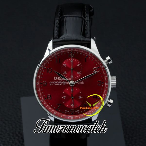 

41mm portugieser chronograph quartz mens watch 371616 mens watch red dial steel csse black leather strap satch new watches timezonewatch z03, Slivery;brown