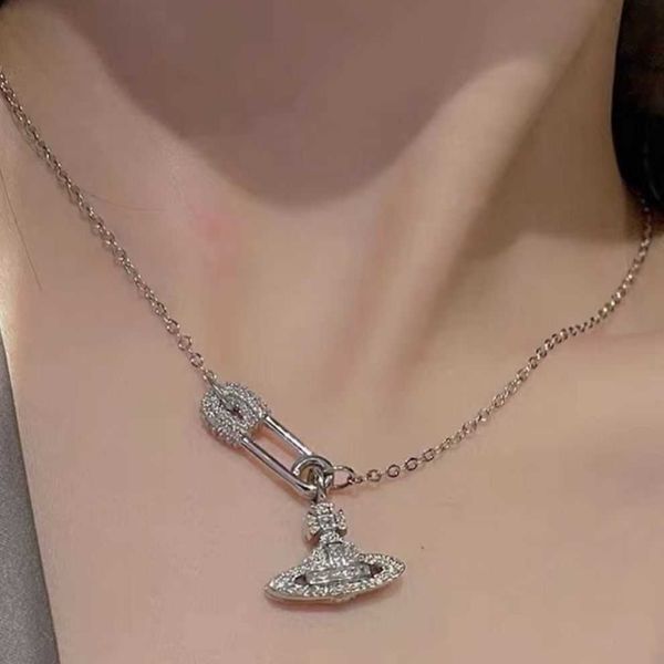 

pendant necklaces western empress dowager with the same pin saturn chain necklace, personalized fashion, minimalist trend, european and amer, Silver