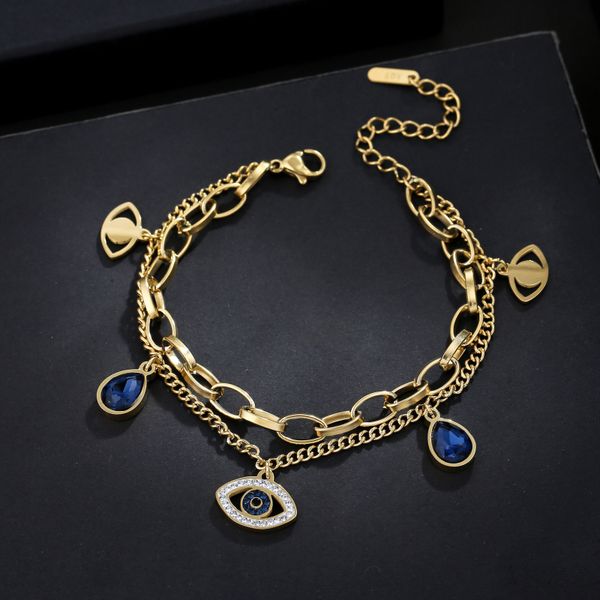 

luxury evil eye charm bracelet double layered female friendship stainless steel jewelry for women, Golden;silver