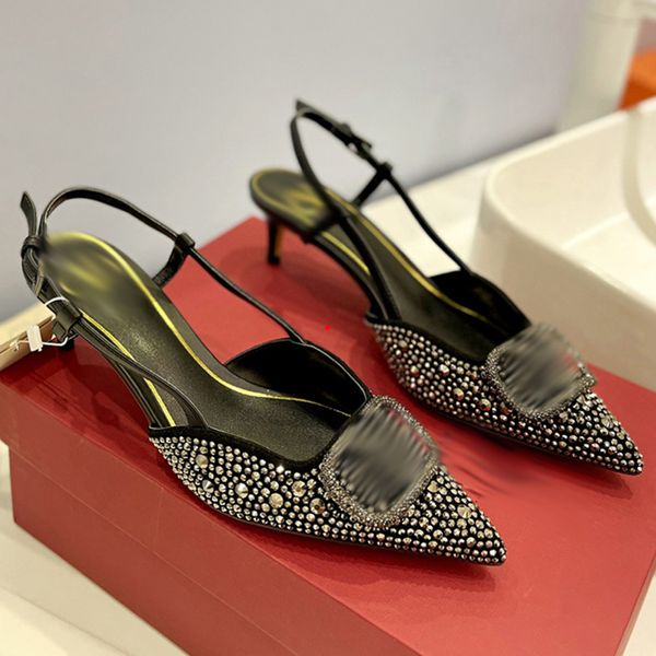 

2023 stilettos women 's shoes sandals women rhinestone chain bride dresses buckle high heels pointed toe ankle bright diamond-chain hig, Black