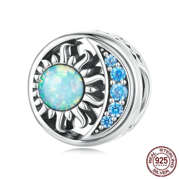 

925 sterling silver sun & moon opal bead blue zircon moon charms for women bracelet and bangle diy fine jewelry scc2418, Bronze;silver
