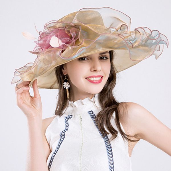 

wide brim hats bucket hats summer wide brim fedora hats for women organza sun hats elegant flower wedding party kentucky church dresses fasc, Blue;gray