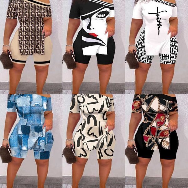 

womens tracksuits two piece set print split line neck designer and shorts outfits plus size 3xl, Gray