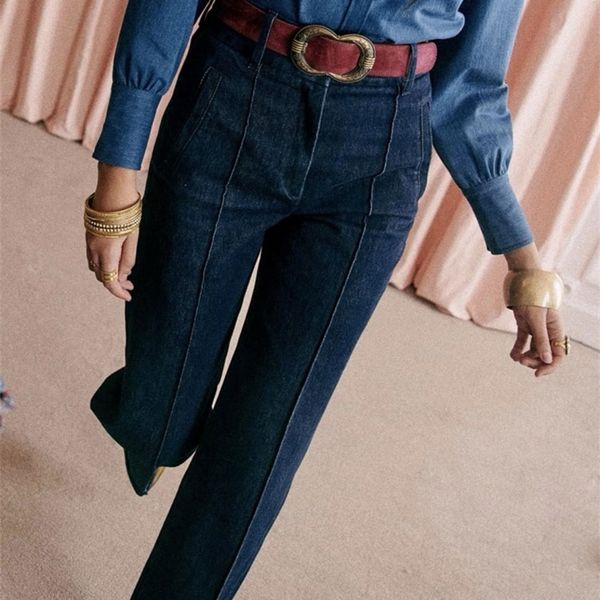 

women's jeans autumn and winter dark blue highwaisted straightleg trousers with cuffed edge rolled belt wideleg jean 230422