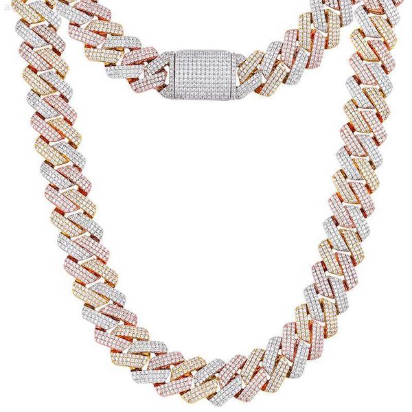 

drop shipping hip hop 3 colors 19mm prong setting 3 rows zircon cuban link chain necklace, Silver
