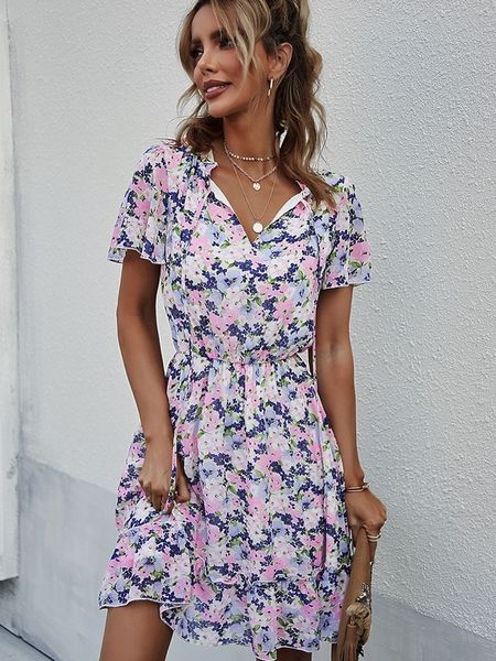 

casual dresses msfilia ladies short floral dress women lace up high waist print spring summer chiffon dress 230424, Black;gray