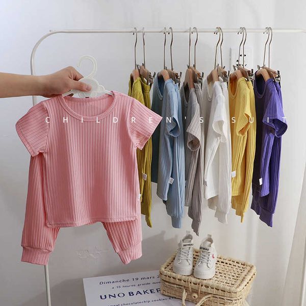 

clothing sets 2023 summer new children's home clothes korean casual boys and girls baby solid color suit kids pajamas baby 2 piece set, White