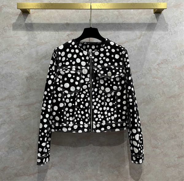 

womens jacket polka dot print decoration classic crew neck long sleeves denim jackets zipper open striped pocket design short style outerwea, Black;brown