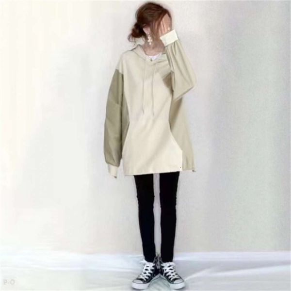 

2023 Autumn New Korean Women's Beige White Casual Pullover With Rubber Band Drawstring Contrast Panel Hooded Loose Sweater, Creamy-white