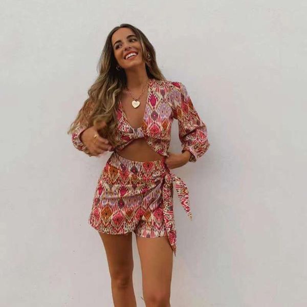 

women s tracksuits xikom women two piece set printing v neck long sleeve slim clothes female vintage bow decorate shorts 230424, Gray