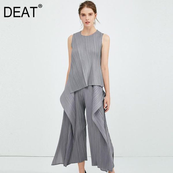 

pants deat pleated suit woman sleeveless pullover t shirt + wide leg pants ruffled design loose streetwear 2022 new summer aq983, White