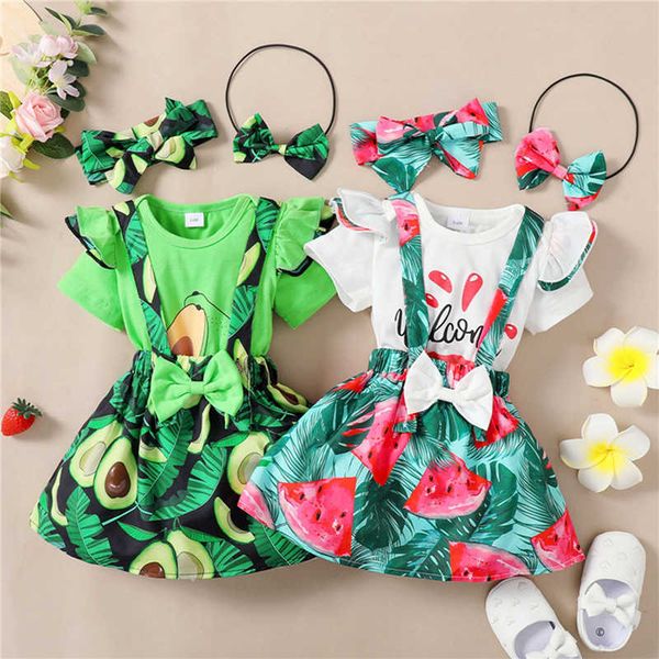 

clothing sets fashion summer newborn baby girl clothes set short sleeve rompers and fruit printed suspender skirt headband infant 3pcs outfi, White