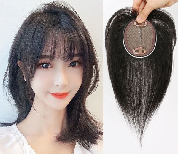 

clip in 2.75"x3" hand tied real human hair er wiglet piece with bang 10", Black;brown