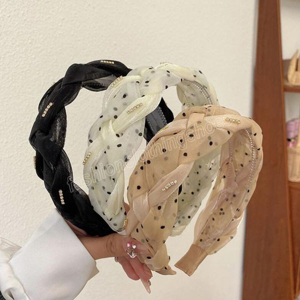 

fashion women's headband wide side braided turban dot point cloth hairband for light mesh headwear, Slivery;white
