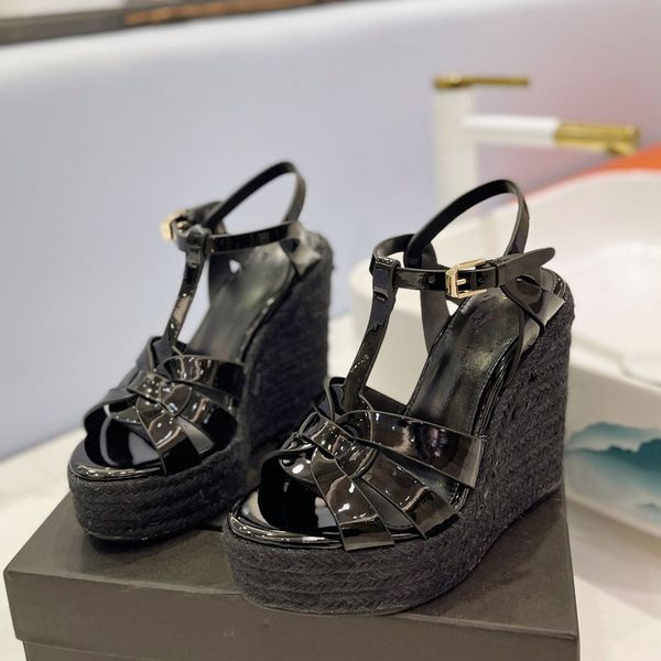

tribute woven espadrille sandals wedge patform pumps heels heeled square toe women's luxury designers patent leather outsole pretty cas, Black