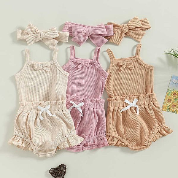

clothing sets newborn baby summer clothes sets 2023 toddler infant girls solid bowknot sleeveless waffle bodysuits+ruffles shorts+headband w, White