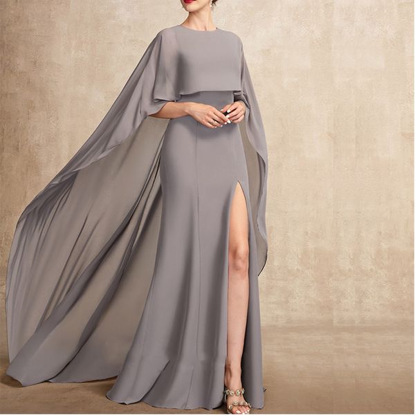 

grey mermaid evening dresses with cape side split chiffon formal prom gown long tail layered mother's dress for special occasion, Black;red