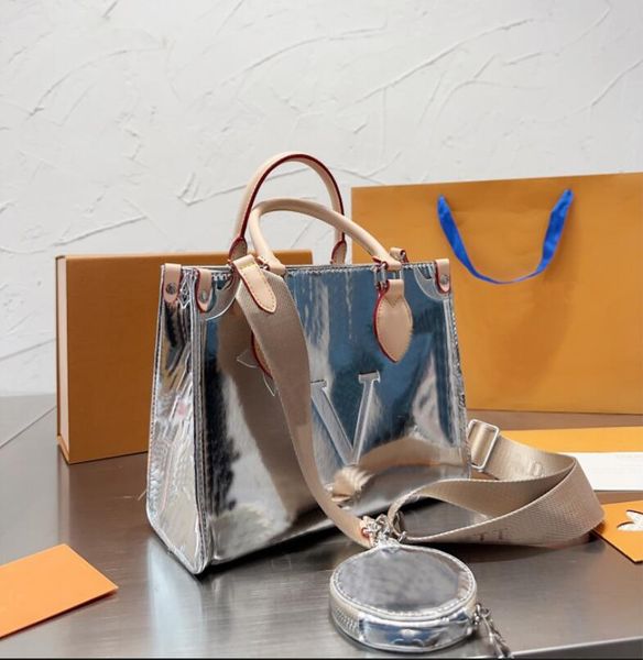 

2023 new lui vitn silver bags silver shopping bags 2pcs shoulder bag luxury desginer on the go tote with pancake purse women trendy fashion