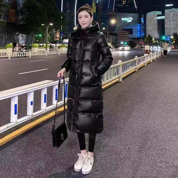 

leather women's heavyweight longsleeve hooded puffer coat quilted outerwear jacket thick winter parka 2022 spring autumn winter, Black