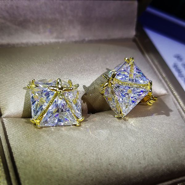 

simple fashion sparkling stud earrings luxury jewelry 925 sterling silver 18k gold plated 5a cubic zircon party emerald cz diamond women ear, Golden;silver
