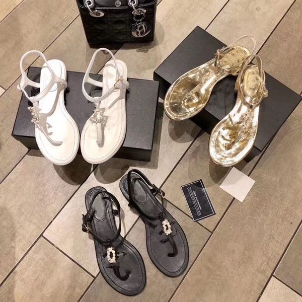 

luxury designer women thong famous sandal lambskin thong leather strass metal buckle c imitation pearls diamond classic summer outside lady, Black