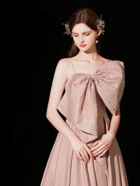 

elegant pink satin cocktail dresses bow pearl a-line spaghetti strap boat neck long pleat celebrity party quinceanera evening gown, Black