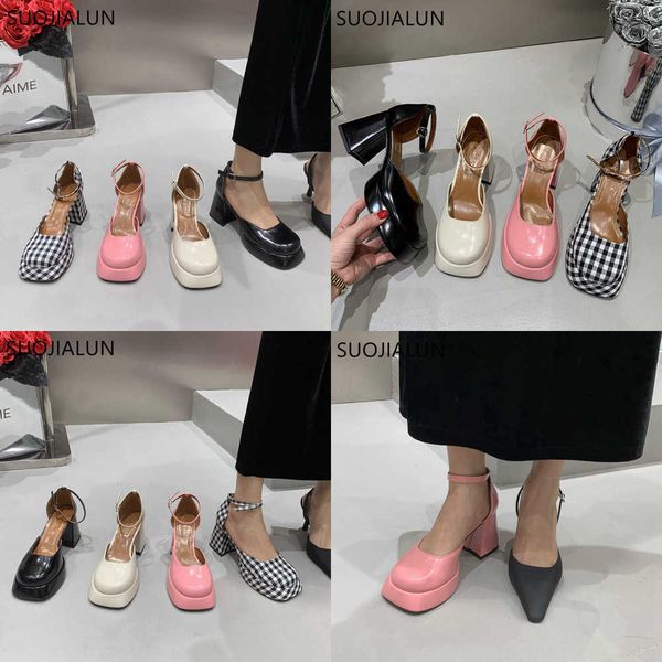 

sandals spring new brand women sandal shoes fashion round toe close ankel strap mules square high heel dress pumps 230316, Black