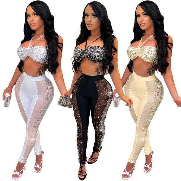 

2023 women fashion night club two piece pants spring summer rhinestone sheer 2 piece set sleeveless pants solid color clothing, White