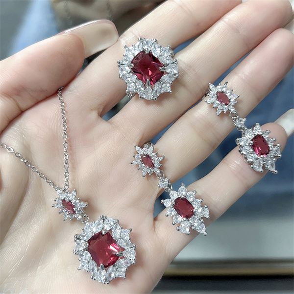 

handmade lab ruby diamond jewelry set 925 sterling silver engagement wedding rings earrings necklace for women promise jewelry, Slivery;golden