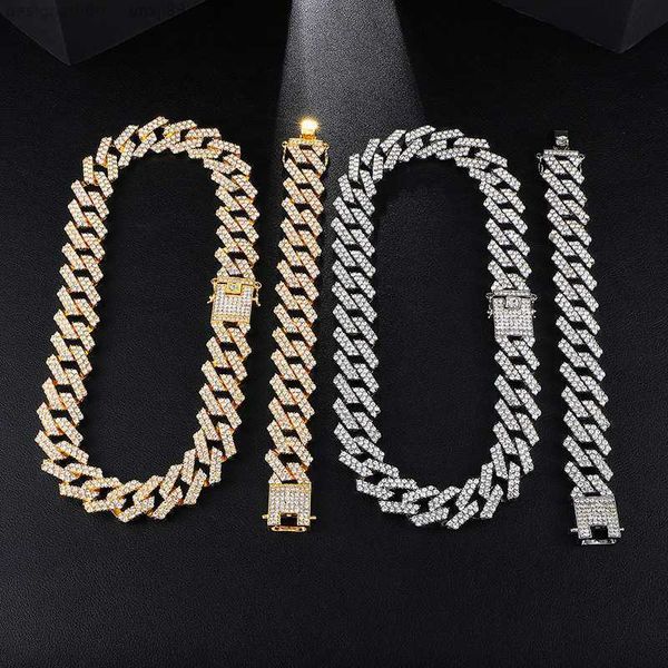 

hip hop 1set 20mm gold heavy miami prong full iced out paved rhinestones cuban chain cz bling rapper necklaces for men jewelry, Silver