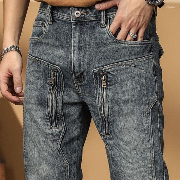 

Men's Jeans Trendy Patchwork Zipper BLue Men Slim Biker Stretch Denim Pants Clothing Casual Multi Pockets Hombres