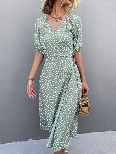 

casual dresses summer floral print dress women long party dress ladies green v-neck slit dress for women 230424, Black;gray