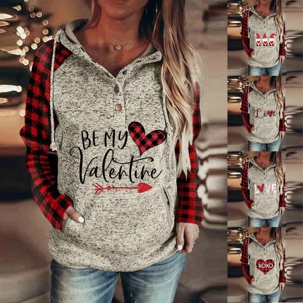 

Women's Hoodies Women Hooded Sweatshirt Pullover Pockets Drawstring Top Buttons Valentine's Day Personalized Text Pattern Splicing