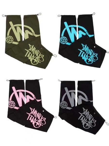 

minus two men's pants harajuku casual jogging printing for women loose pants y2k multi pocket tooling hip hop ins style short, Black