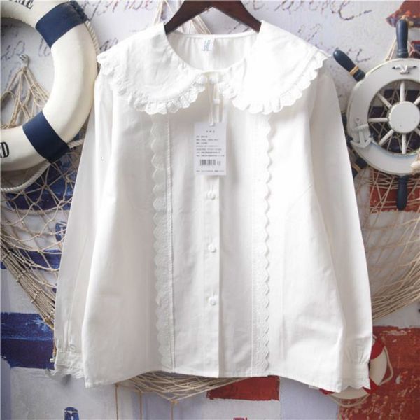 

women's blouses shirts women autumn winter casual shirt female solid lace peter pan collar long sleeve shirt lady button loose elegant, White