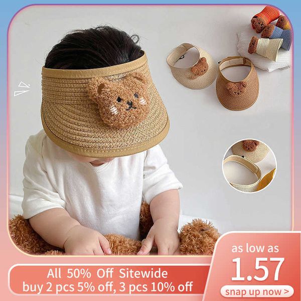 

caps hats cute bear children straw cap adjustable kids empty hat boy girl summer beach long brim bonnet soft outdoor baby sun visors p230424, Yellow