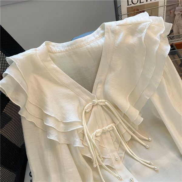 

23-lace hollow sandro sq-u-are neck bubble sleeve shirt for women's 2023 new fashionable and popular design top, White