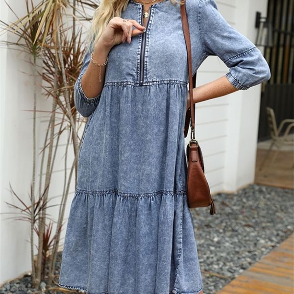

casual dresses black dress women spring summer imitation denim vintage dress solid female fashion casual blue dress knee-length o-neck cloth, Black;gray