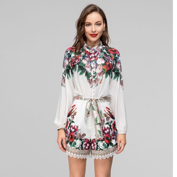 

women's trousers two-piece floral printed long sleeve shirt with shorts, White
