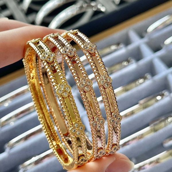 

bangle kaleidoscope four leaf grass flower bracelet narrow edition temperament diamond bead edge advanced design ins bracelet light luxury f, Black